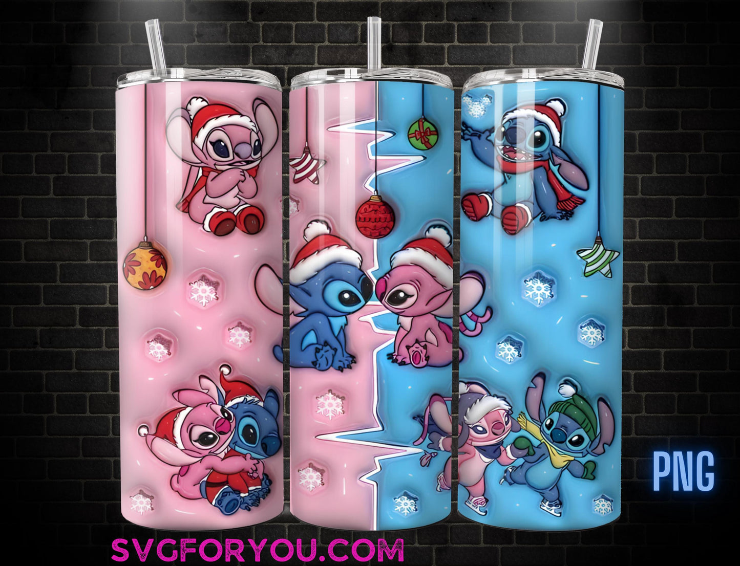 Cute Angel and Stitch Inflated Christmas 20 Oz Skinny Tumbler Png, Pink Xmas Png, Pink Christmas 20oz Tumbler Wrap, Santa Hat Png