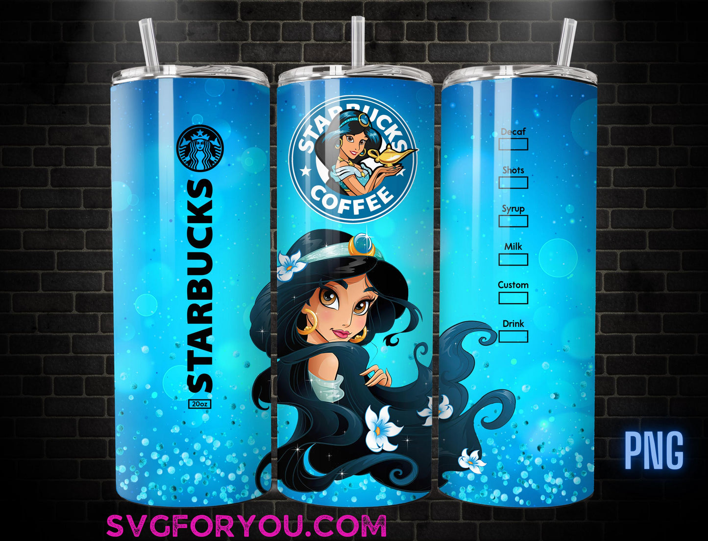 Princess Jasmine Coffee Tumbler Wrap PNG, Aladdin Tumbler Wrap , 20oz Skinny Tumbler, Aladdin Skinny Tumbler Wrap Design PNG