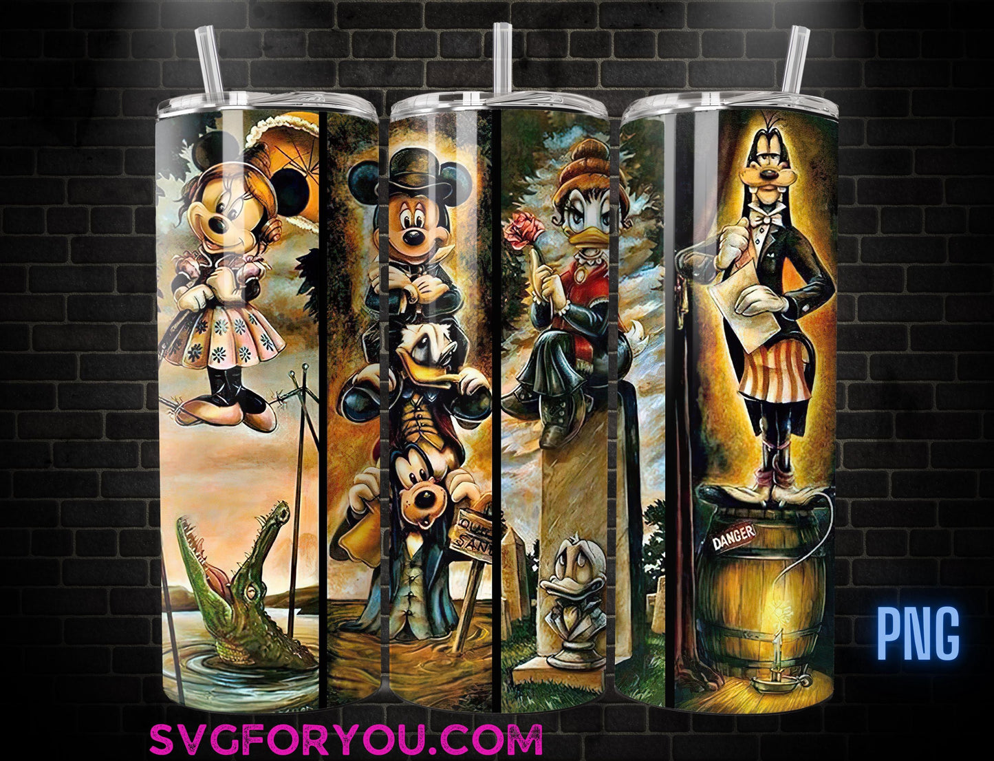 Mickey Mouse and Friends Halloween Haunted Mansion 20oz Skinny Tumbler Template PNG, Pluto Donald Daisy Goofy Skinny Tumbler Wrap Design PNG