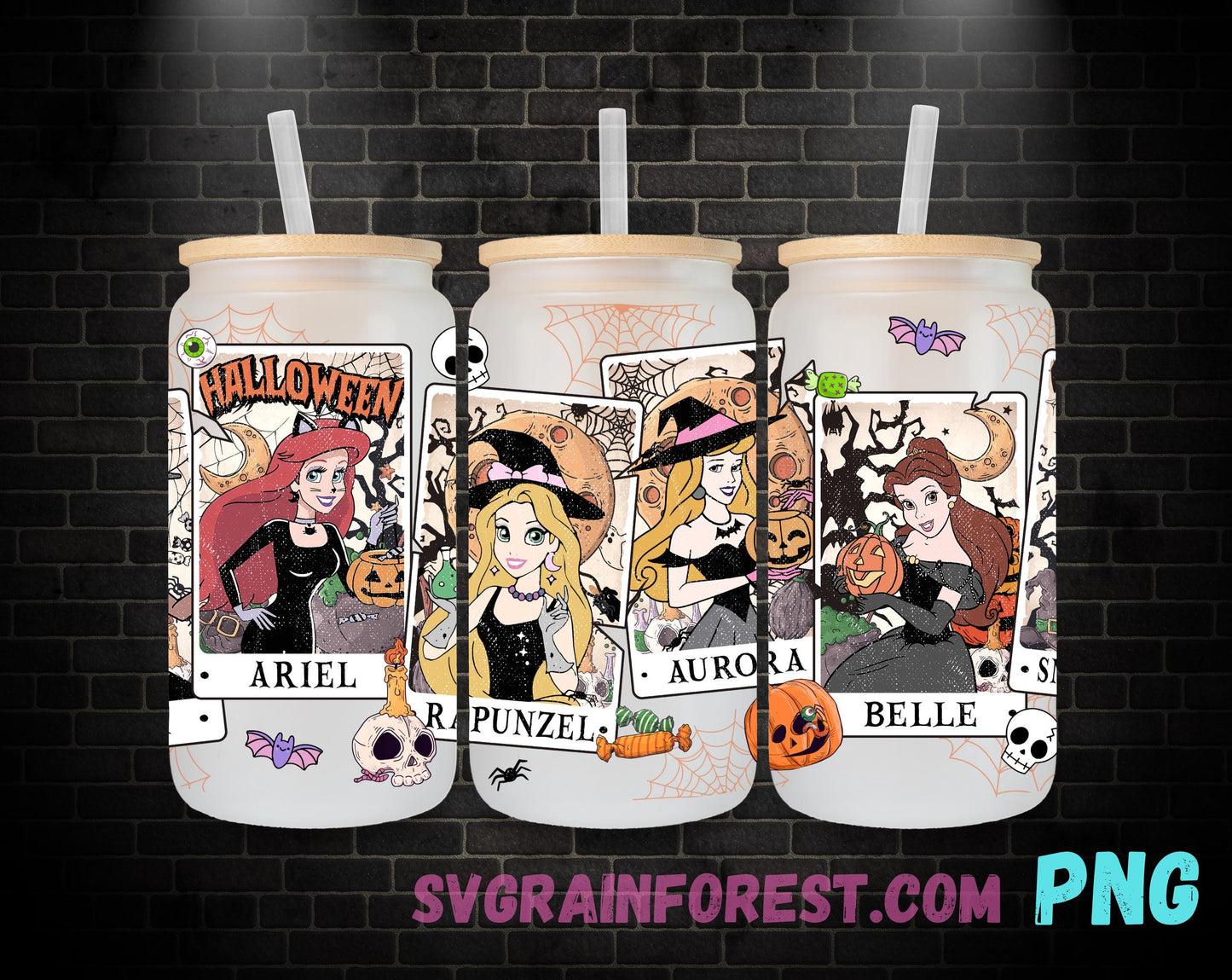 Princess Halloween Witches 16oz Glass Can Wrap PNG, Libbey Glass Can Wrap Halloween Tarot, Happy Halloween Spooky Glass Can Wrap PNG