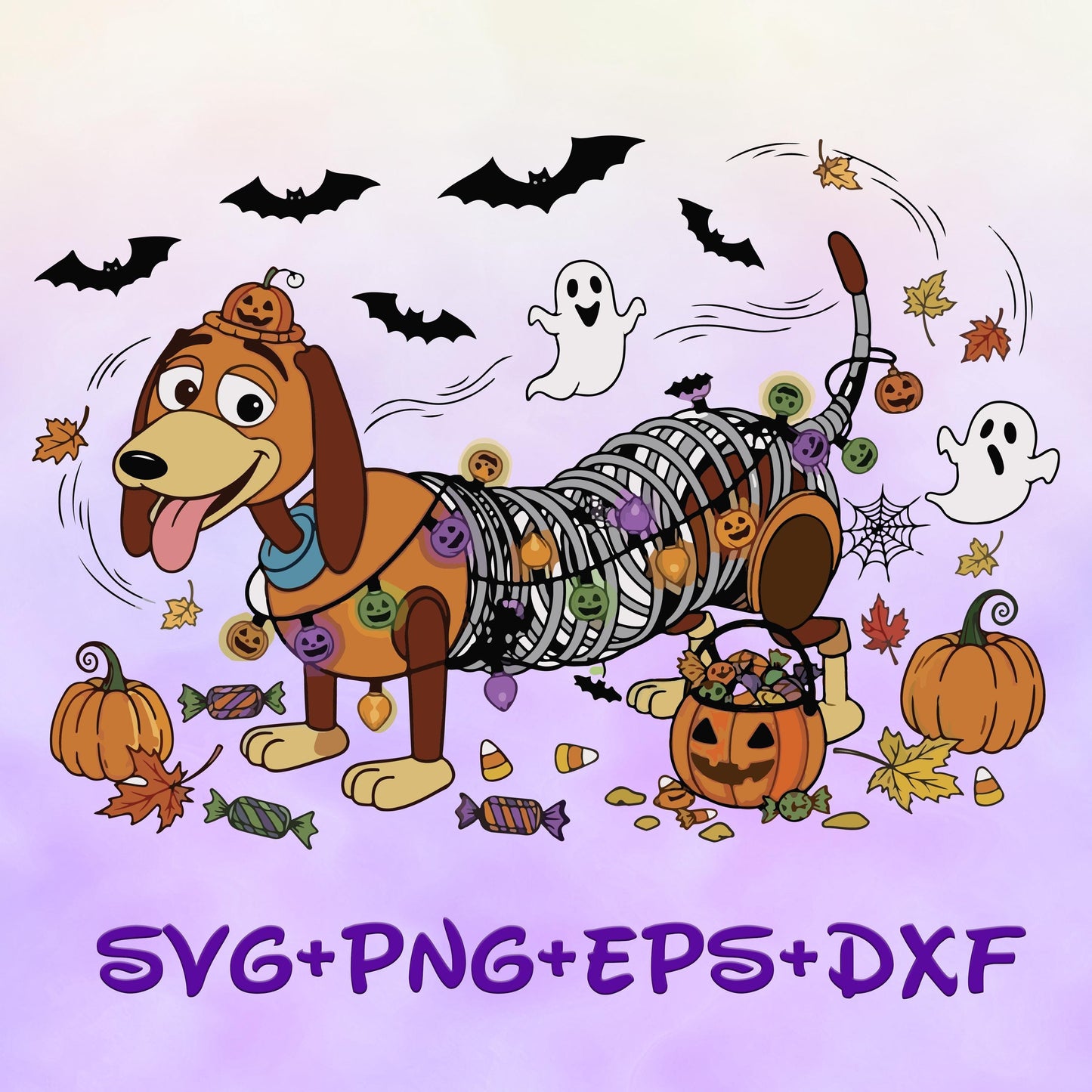 Slinky Dog in Halloween Lights with bats SVG PNG, Toy Story Buzz Woody Happy Halloween Squad Bundle Image