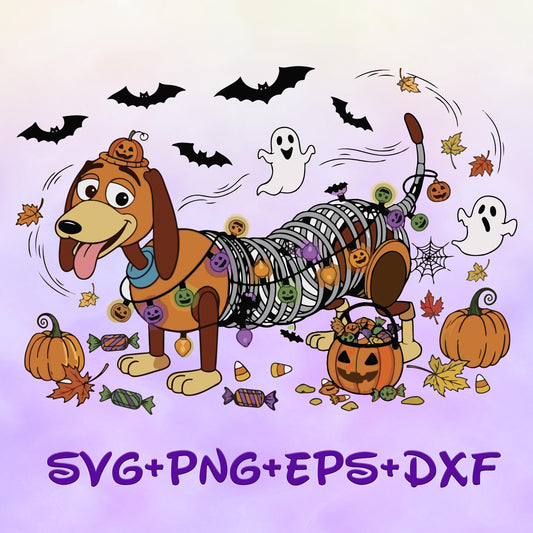 Slinky Dog in Halloween Lights with bats SVG PNG, Toy Story Buzz Woody Happy Halloween Squad Bundle Image