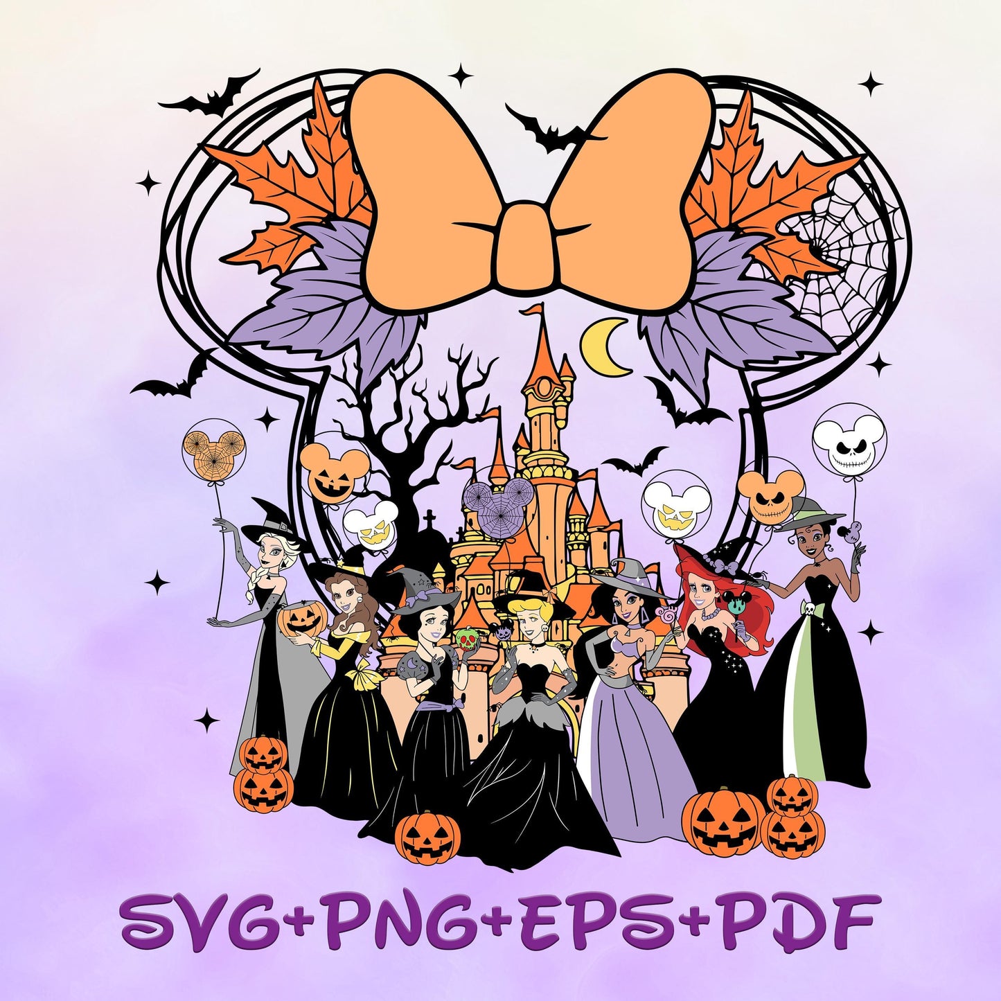 Princess Witches in Mousehead Castle Halloween Svg, Princess Tiana Cinderella Belle Snow White Aurora Svg, Bundle, Happy Halloween Svg