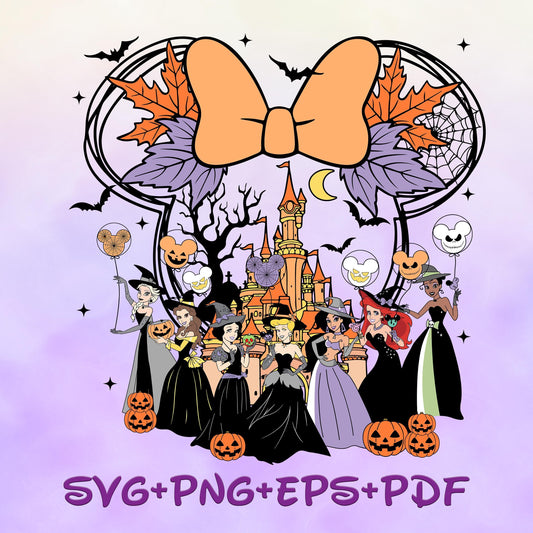 Princess Witches in Mousehead Castle Halloween Svg, Princess Tiana Cinderella Belle Snow White Aurora Svg, Bundle, Happy Halloween Svg