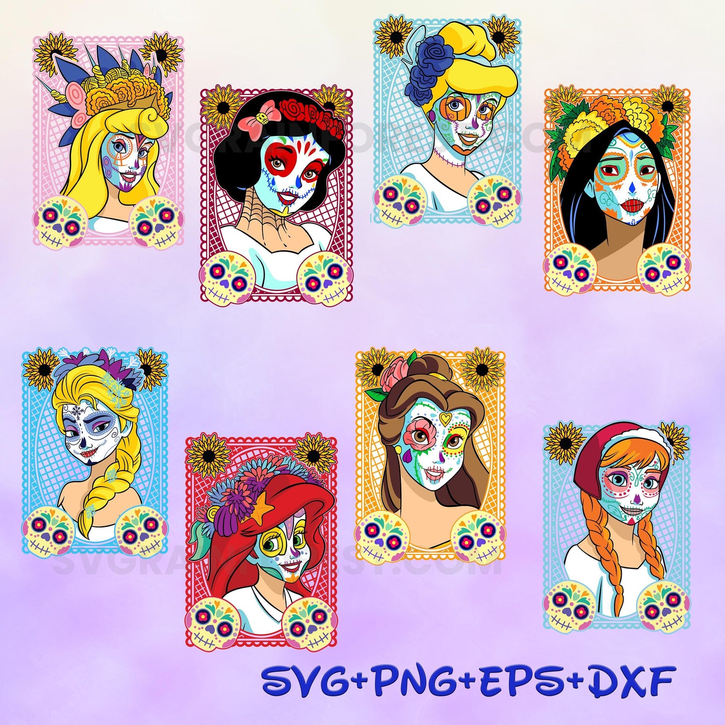 Princess Sugar Skull Halloween Svg, Princess Tiana Cinderella Belle Snow White Aurora Svg, Bundle, Happy Halloween Svg, Cricut File png