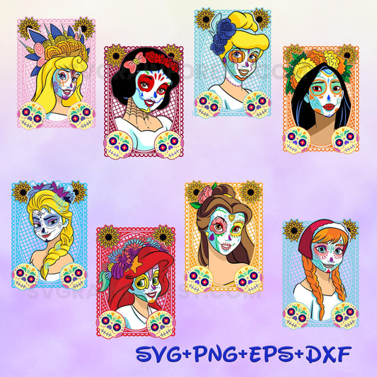 Princess Sugar Skull Halloween Svg, Princess Tiana Cinderella Belle Snow White Aurora Svg, Bundle, Happy Halloween Svg, Cricut File png
