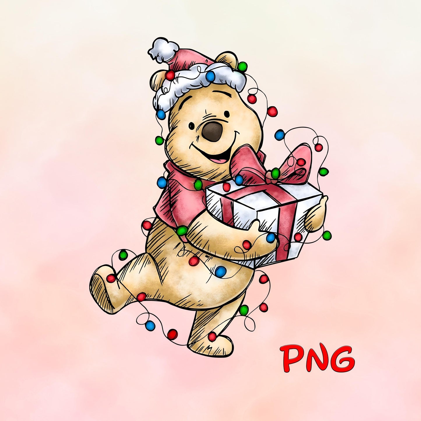 Retro Winnie The Pooh Christmas Lights PNG Christmas Santa Hat png , Mickey Mouse And Friends Shirt Design Png, Trendy Merry Christmas Png