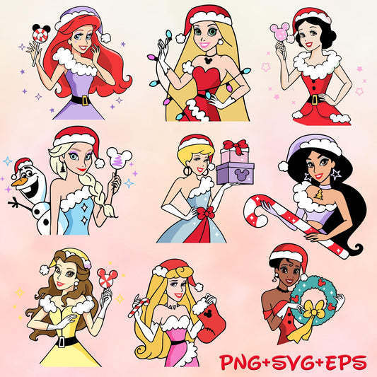 Princess Christmas With Santa Hat PNG SVG, Christmas princess svg png, Christmas Character, Holiday svg Files For Sublimation images bundle