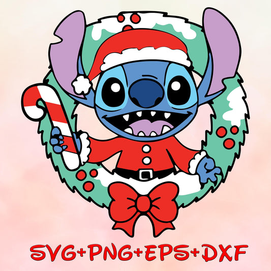 Stitch Christmas Wreath SVG, Stitch Santa Hat Christmas Svg, Merry Christmas Svg, Santa Claus Svg, Lilo and Stitch images bundle