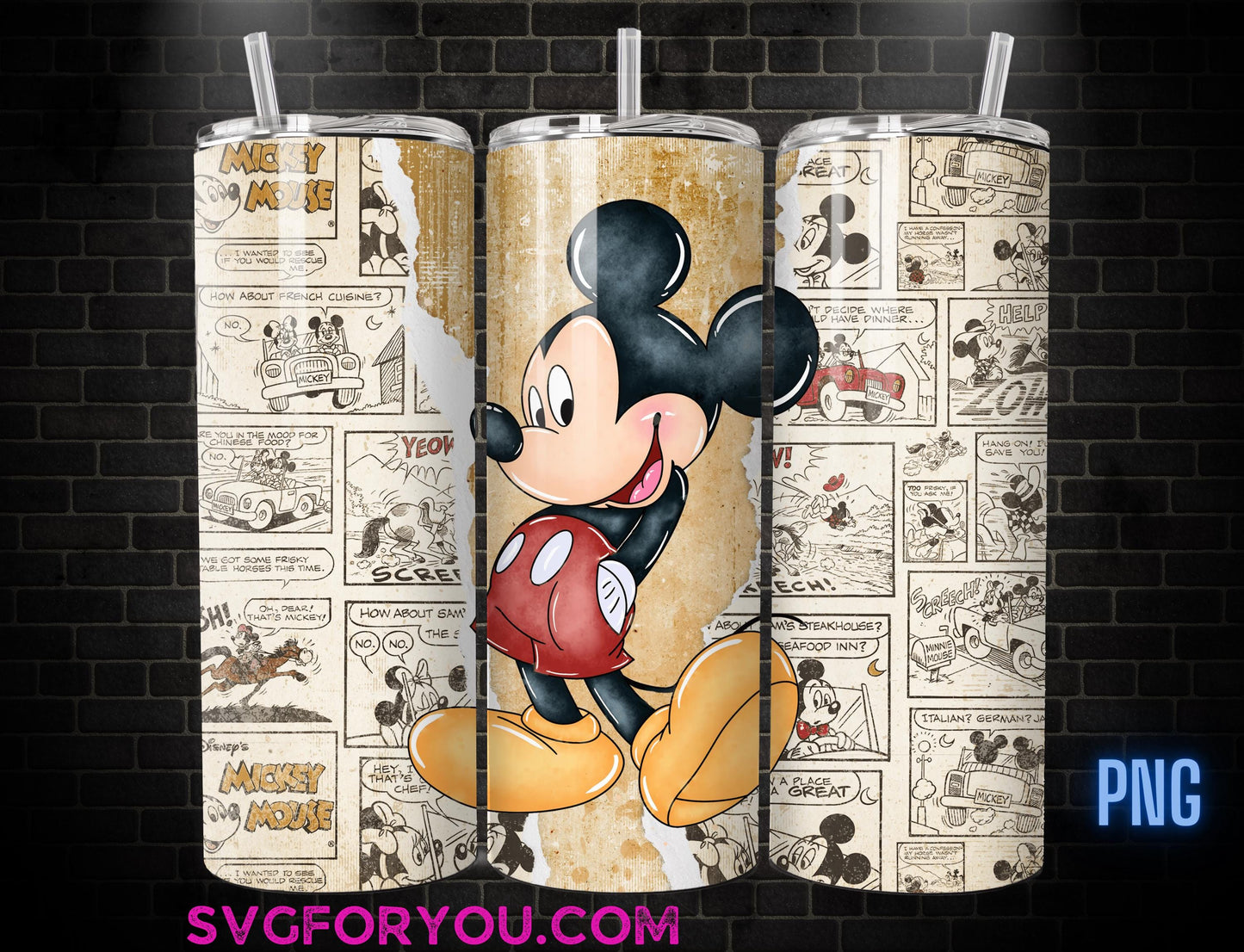 Retro Mickey Mouse 20 oz Skinny Tumbler, Mickey Mouse Sublimation Design Template, Mickey Comic Book Strip png