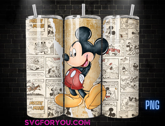 Retro Mickey Mouse 20 oz Skinny Tumbler, Mickey Mouse Sublimation Design Template, Mickey Comic Book Strip png