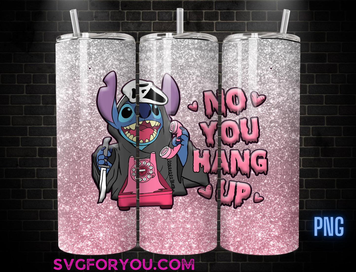 Funny Horror Stitch as Ghostface No you hang up 20 oz Skinny Tumbler , Movie Character 20oz Tumbler Png, Horror Halloween Tumbler Wrap