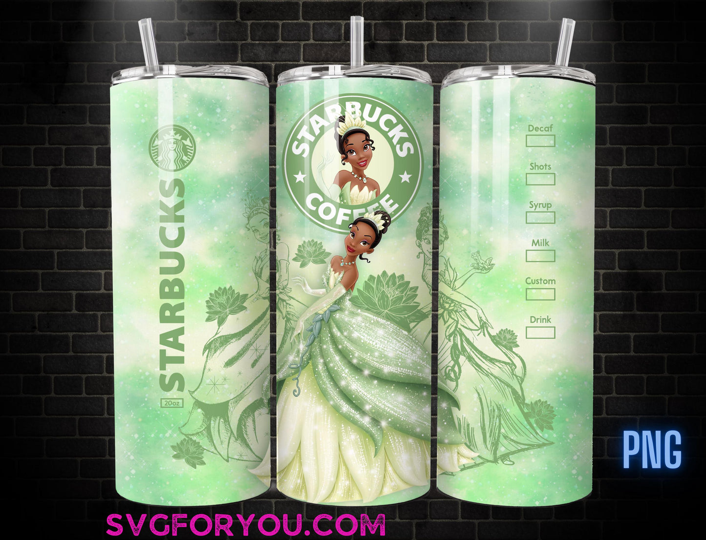 Princess Tiana 20oz Skinny Tumbler Template PNG, Princess and the Frog Coffee Skinny Tumbler Wrap Design PNG File Digital Download