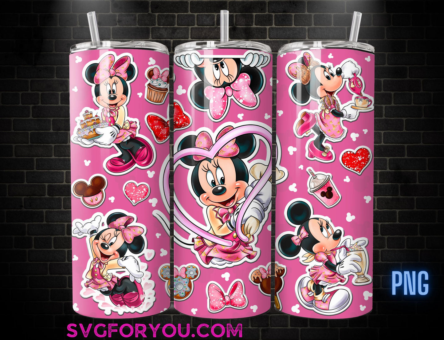 Retro Pink  Minnie Mouse Tea Party Cakes 20 oz Skinny Tumbler, Mickey Mouse Sublimation Design Template, Mickey Comic Book Strip png