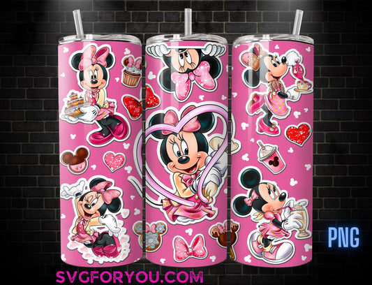 Retro Pink  Minnie Mouse Tea Party Cakes 20 oz Skinny Tumbler, Mickey Mouse Sublimation Design Template, Mickey Comic Book Strip png