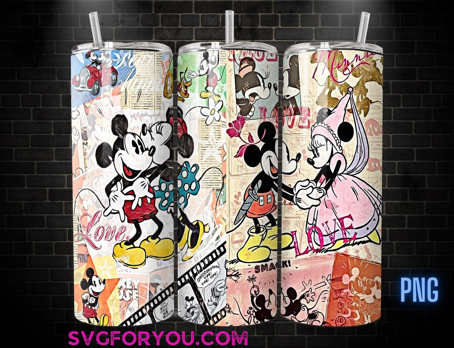 Retro Mickey and Minnie Couple Mouse 20 oz Skinny Tumbler, Mickey Mouse Sublimation Design Template, Mickey Comic Book Strip png