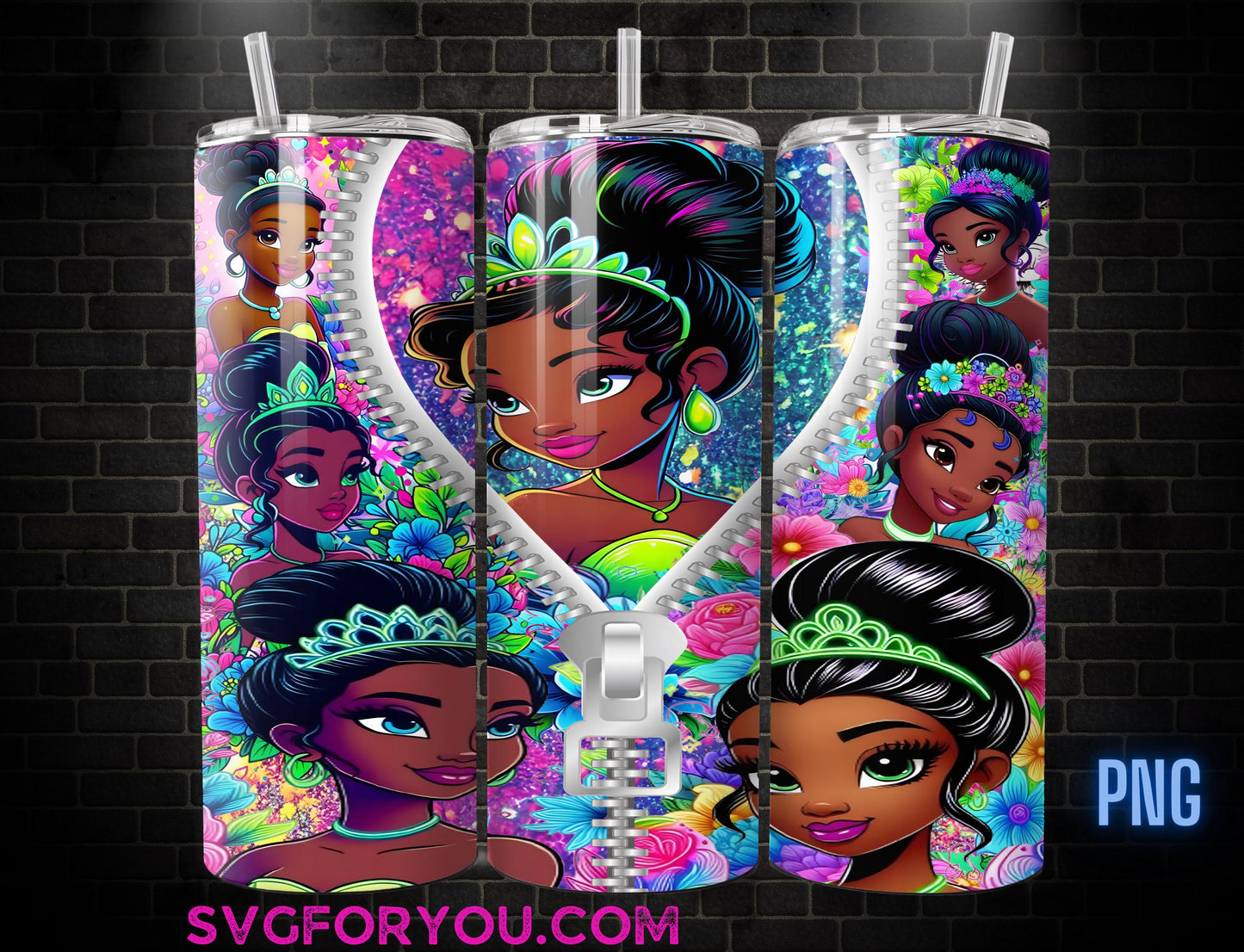 Princess Tiana Zipper Tattoo Coffee Tumbler Wrap PNG , 20oz Skinny Tumbler, Princess and the Frog Skinny Tumbler Wrap PNG