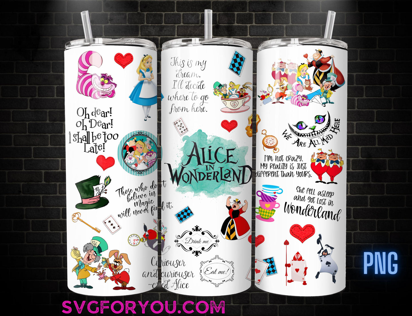 Retro Princess Alice 20oz Skinny Tumbler Template PNG, Alice in Wonderland Skinny Tumbler Wrap Design PNG File Digital Download