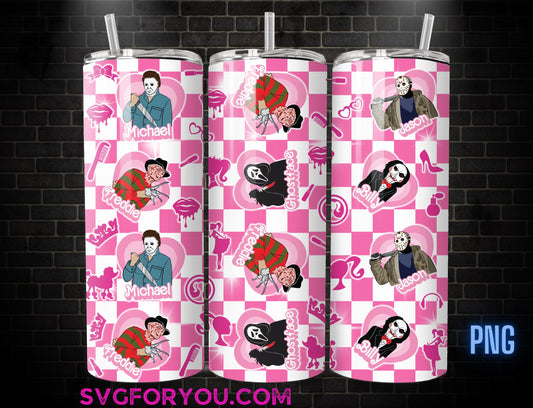Pink Horror chequered 20 oz Skinny Tumbler , Movies Character 20oz Tumbler Png, Horror Halloween Straight Tumbler Wrap