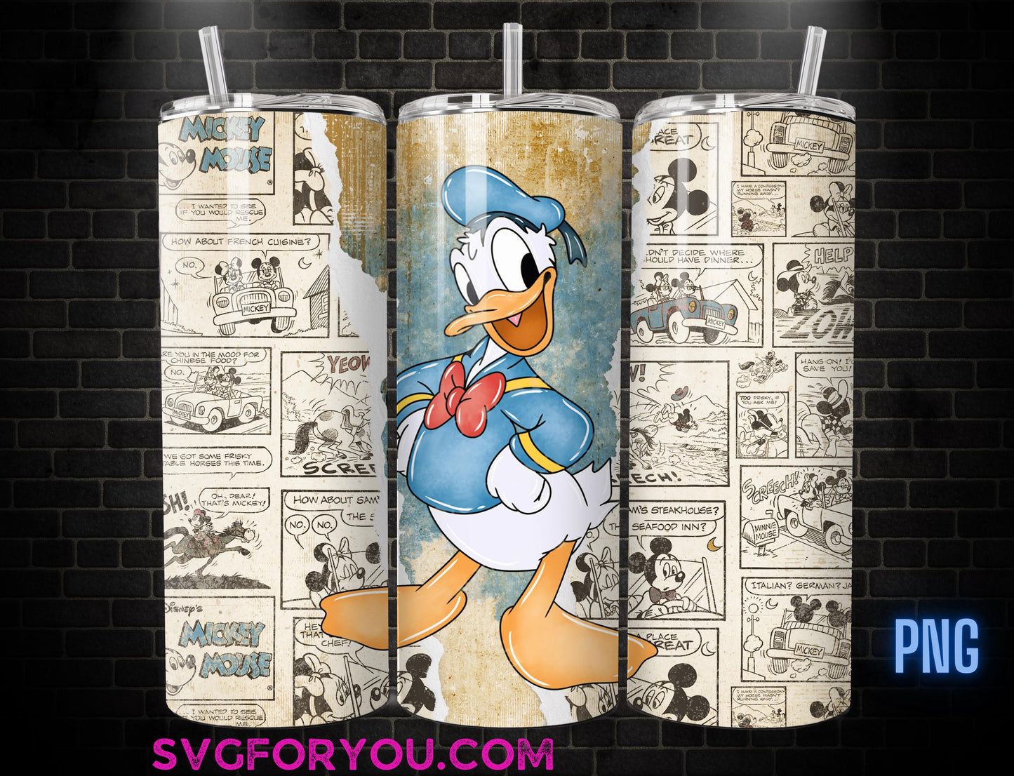 Retro Donald Duck 20 oz Skinny Tumbler, Mickey Mouse Sublimation Design Template, Mickey Comic Book Strip png