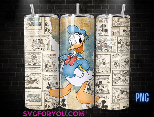 Retro Donald Duck 20 oz Skinny Tumbler, Mickey Mouse Sublimation Design Template, Mickey Comic Book Strip png