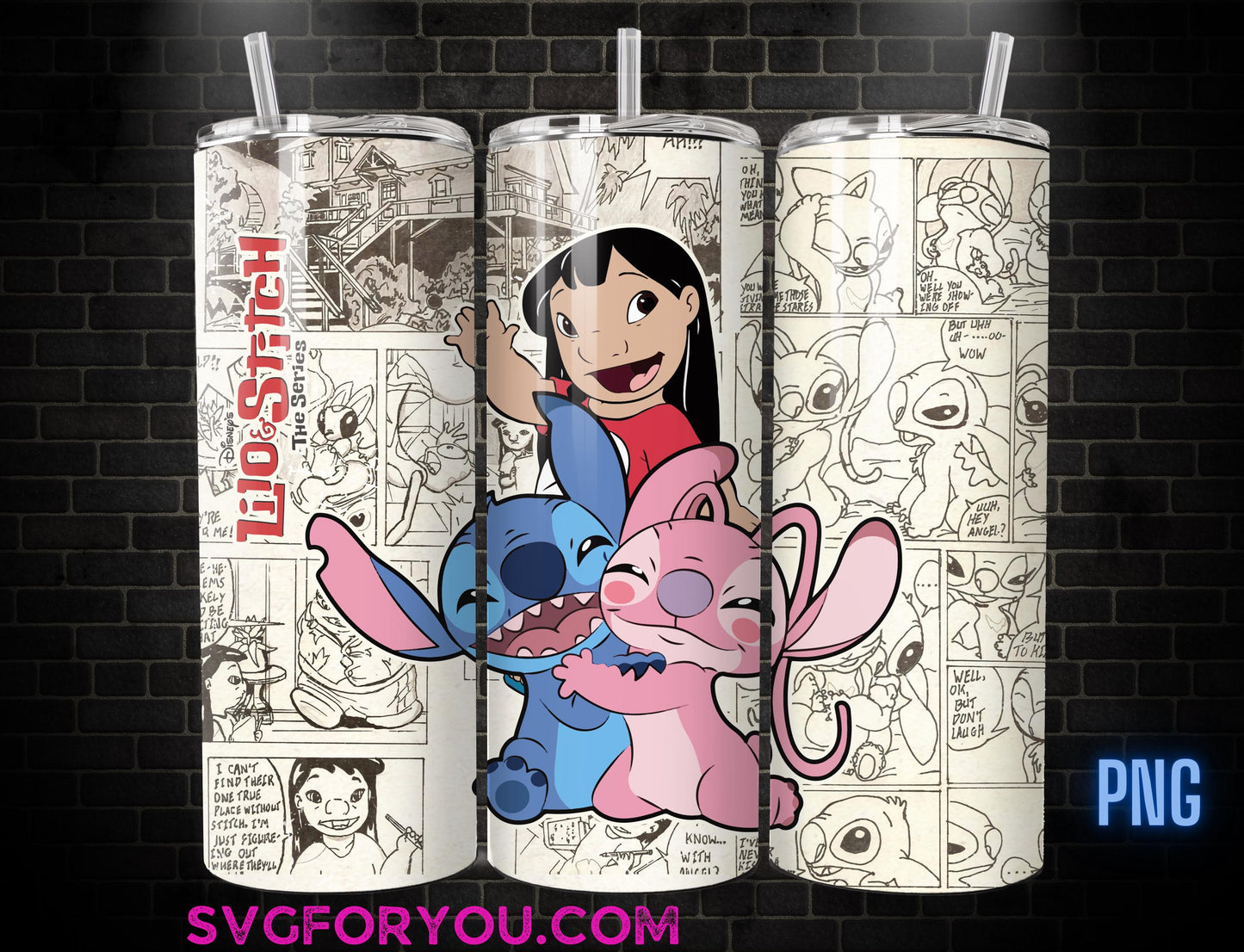 Retro Stitch 20 oz Skinny Tumbler, Mickey Mouse Sublimation Design Template, Angel and Stitch Comic Book Strip png