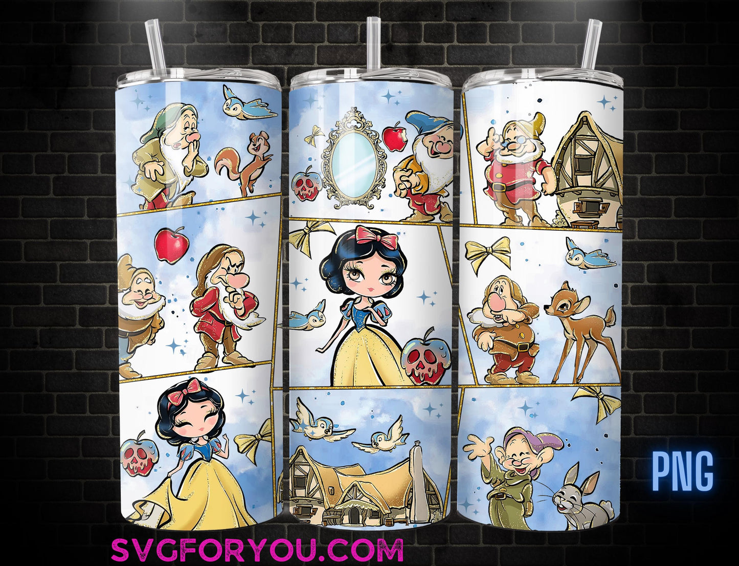 Princess Snow White Watercolor Tumbler Wrap PNG, Coffee Tumbler Wrap png, 20oz Skinny Tumbler png, Skinny Tumbler Wrap Design PNG