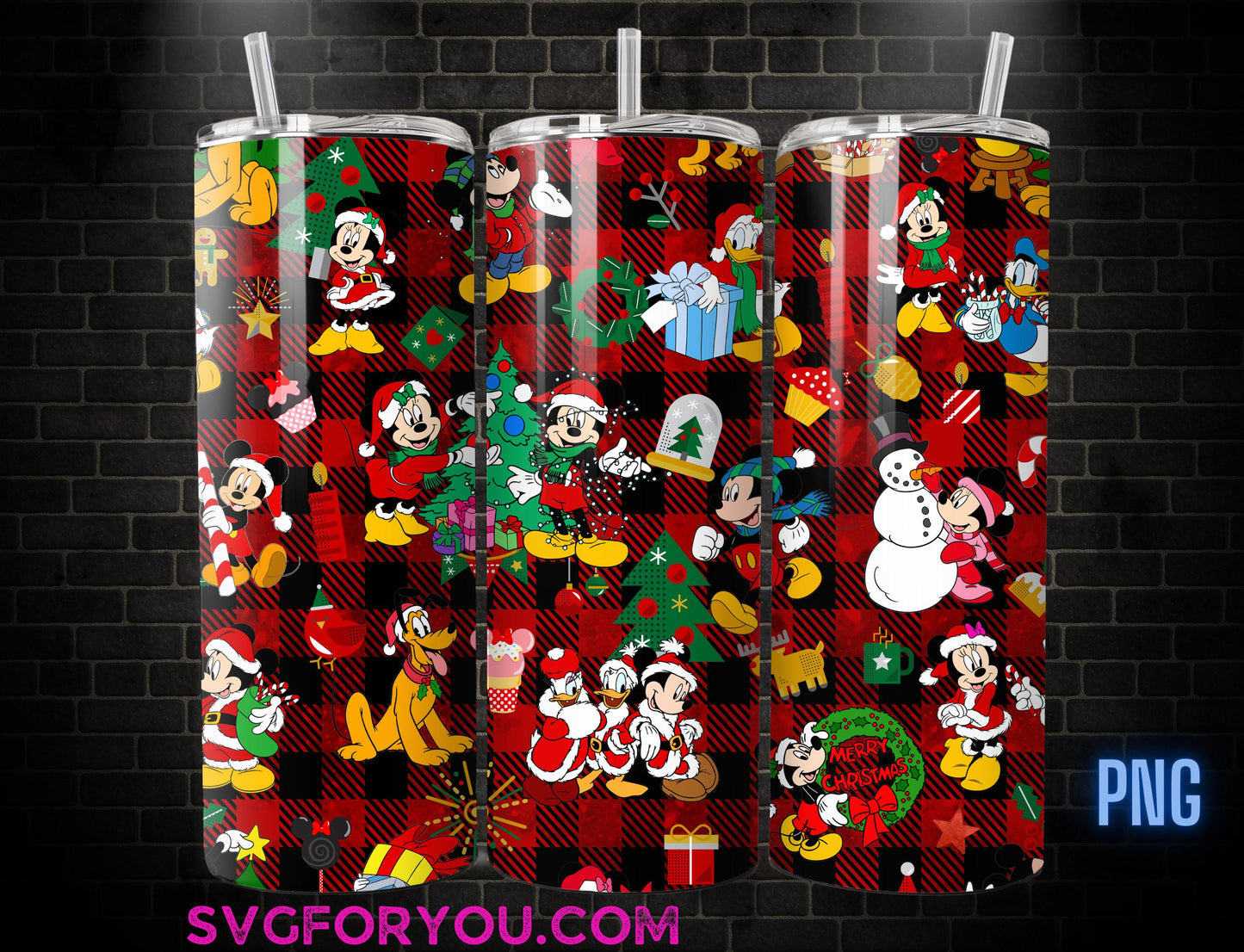 Red Tartan Christmas Mickey Minnie Mouse Tumbler Sublimation Template, Mickey And Friends Png, Mickey Mouse Christmas Tumbler PNG wrap