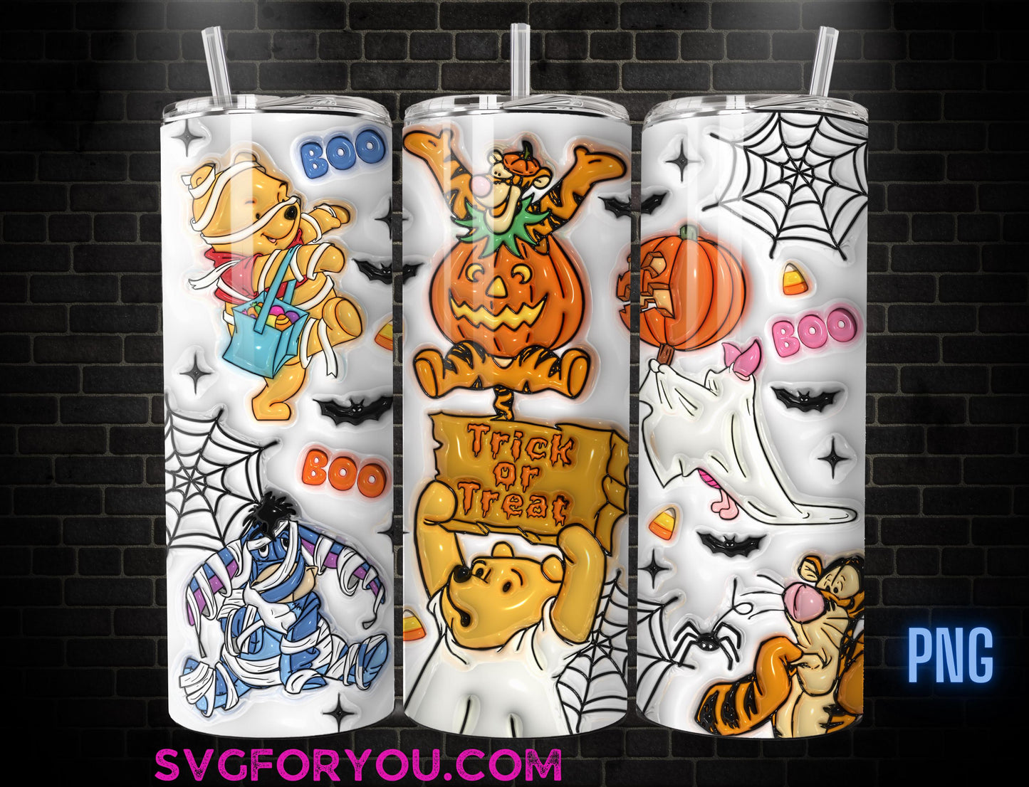 Spooky Mummy Winnie the Pooh Tigger Piglet Eeyore Halloween Inflated 20oz Skinny Tumbler Template PNG, Pooh Skinny Tumbler Wrap Design PNG