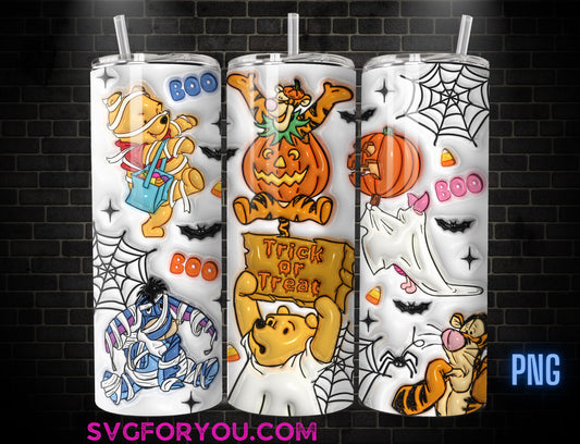 Spooky Mummy Winnie the Pooh Tigger Piglet Eeyore Halloween Inflated 20oz Skinny Tumbler Template PNG, Pooh Skinny Tumbler Wrap Design PNG