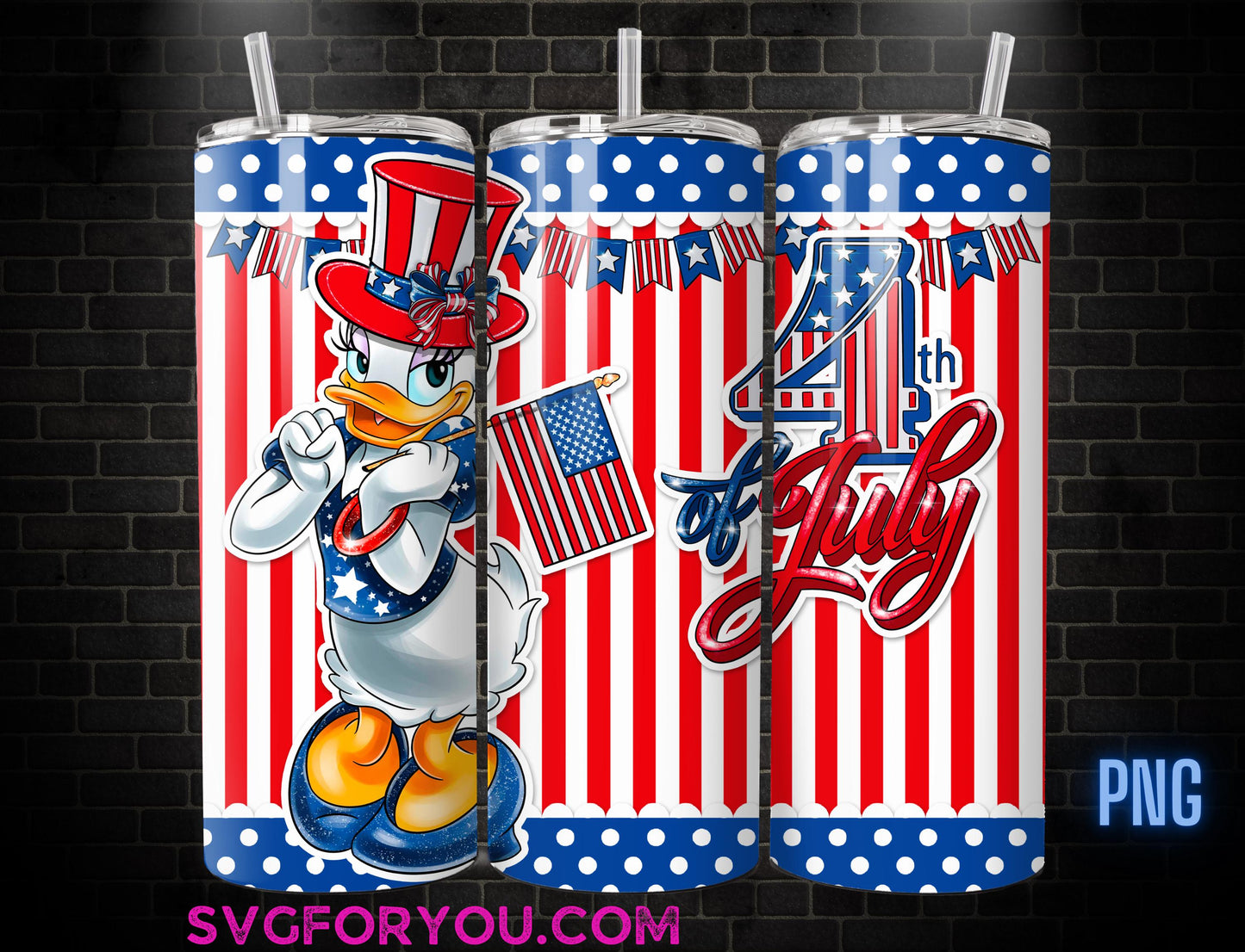 Retro Daisy Duck 4th Of July 20 oz Skinny Tumbler, Donald Duck Red White Blue Sublimation Design Template, Happy 4th Friends png