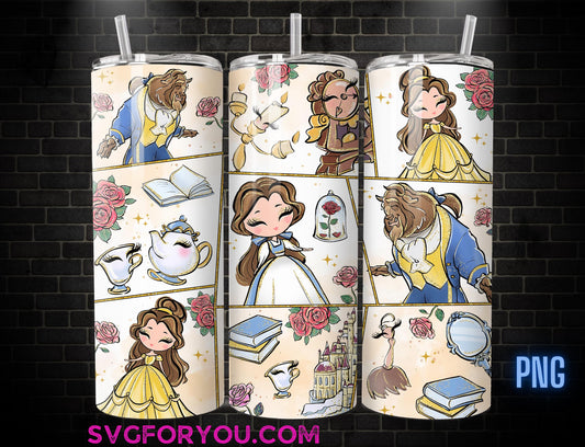 Princess Belle Watercolor Tumbler Wrap PNG, Coffee Tumbler Wrap , 20oz Skinny Tumbler, Beauty and the beast Skinny Tumbler Wrap Design PNG