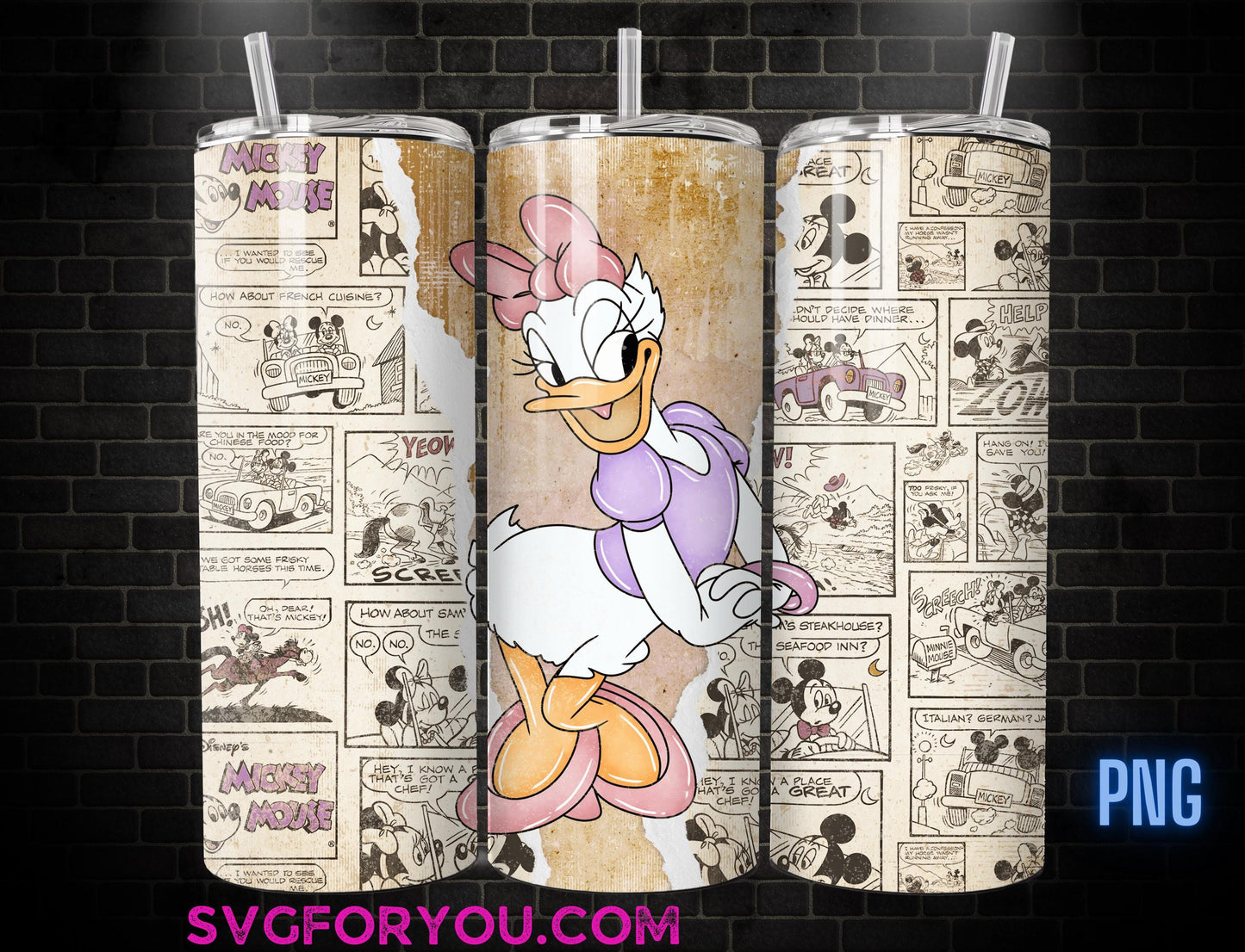 Retro Daisy Duck 20 oz Skinny Tumbler, Mickey Mouse Sublimation Design Template, Mickey Comic Book Strip png