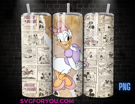Retro Daisy Duck 20 oz Skinny Tumbler, Mickey Mouse Sublimation Design Template, Mickey Comic Book Strip png