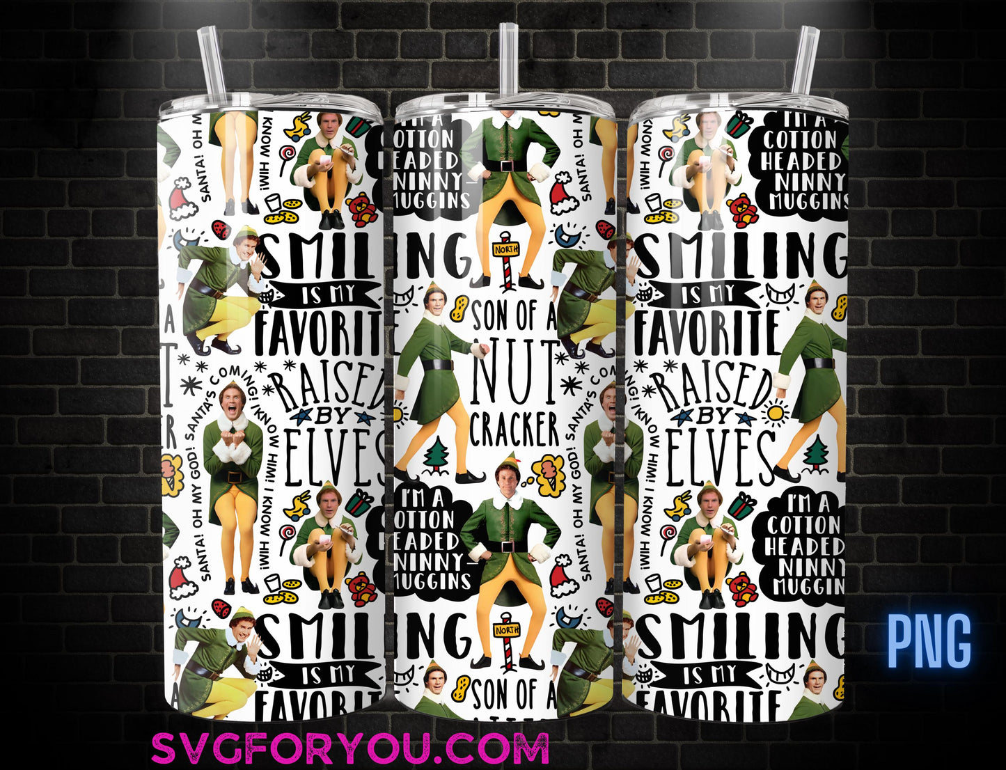 Buddy the Elf Smiling is my Favorite Christmas Movie 20 oz Skinny Tumbler, Family Comedy, Christmas Movie Tumbler Wrap Png