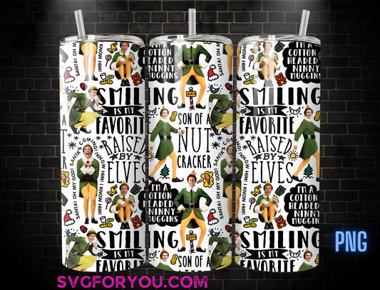 Buddy the Elf Smiling is my Favorite Christmas Movie 20 oz Skinny Tumbler, Family Comedy, Christmas Movie Tumbler Wrap Png