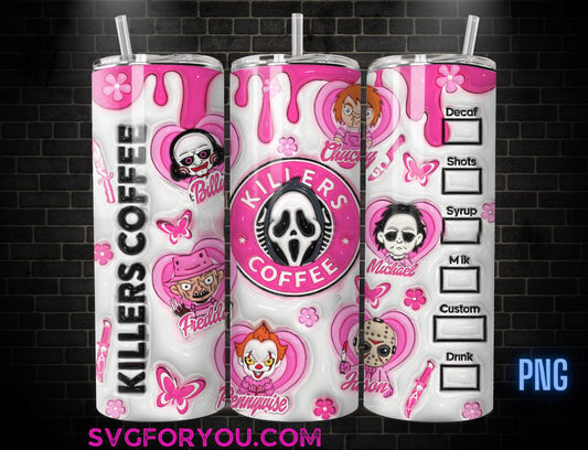 Pink inflated Horror Chucky Tiffany Saw Ghostface 20 oz Skinny Tumbler , Movie Character 20oz Tumbler Png, Horror Halloween Tumbler Wrap