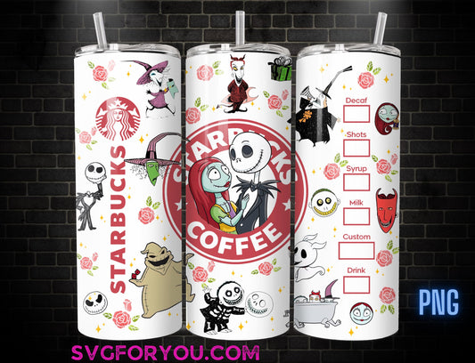 Jack and Sally Roses Coffee watercolor 20 Oz Skinny Tumbler Png, Nightmare Before Christmas Png, Christmas 20oz Tumbler Wrap, Santa Png