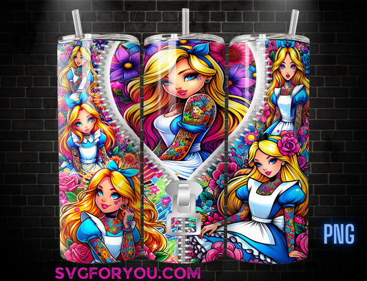 Princess Alice Zipper Tattoo Coffee Tumbler Wrap PNG , 20oz Skinny Tumbler, Alice in Wonderland Skinny Tumbler Wrap PNG