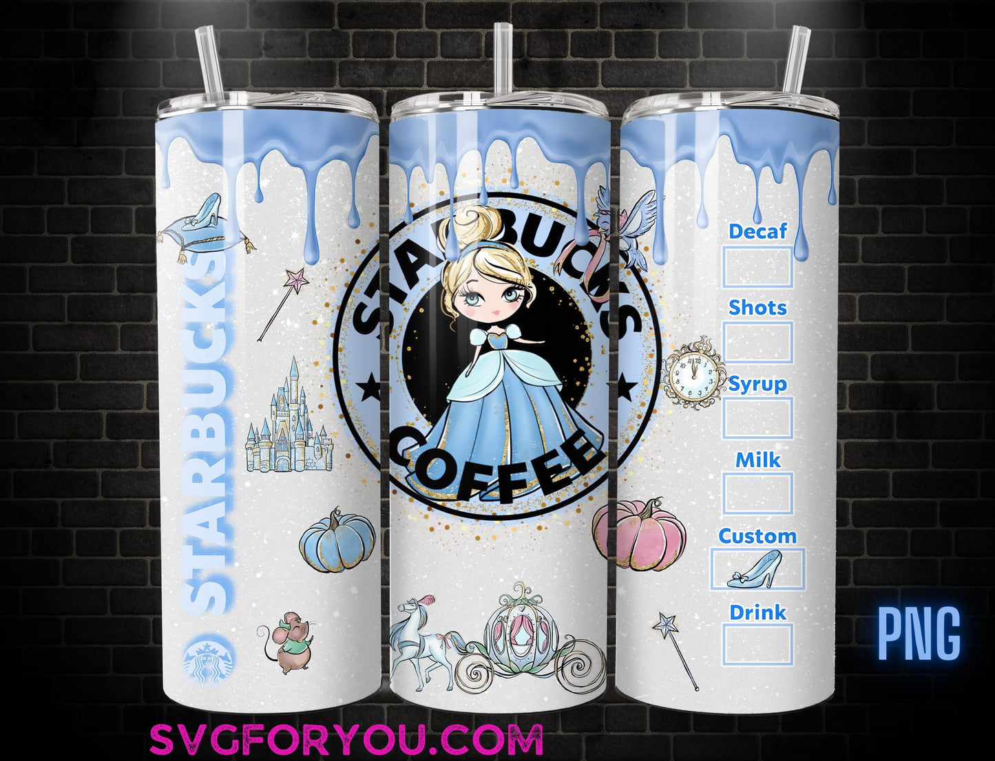 Princess Cinderella Watercolor Tumbler Wrap PNG, Coffee Tumbler Wrap , 20oz Skinny Tumbler, Cinderella Skinny Tumbler Wrap Design PNG