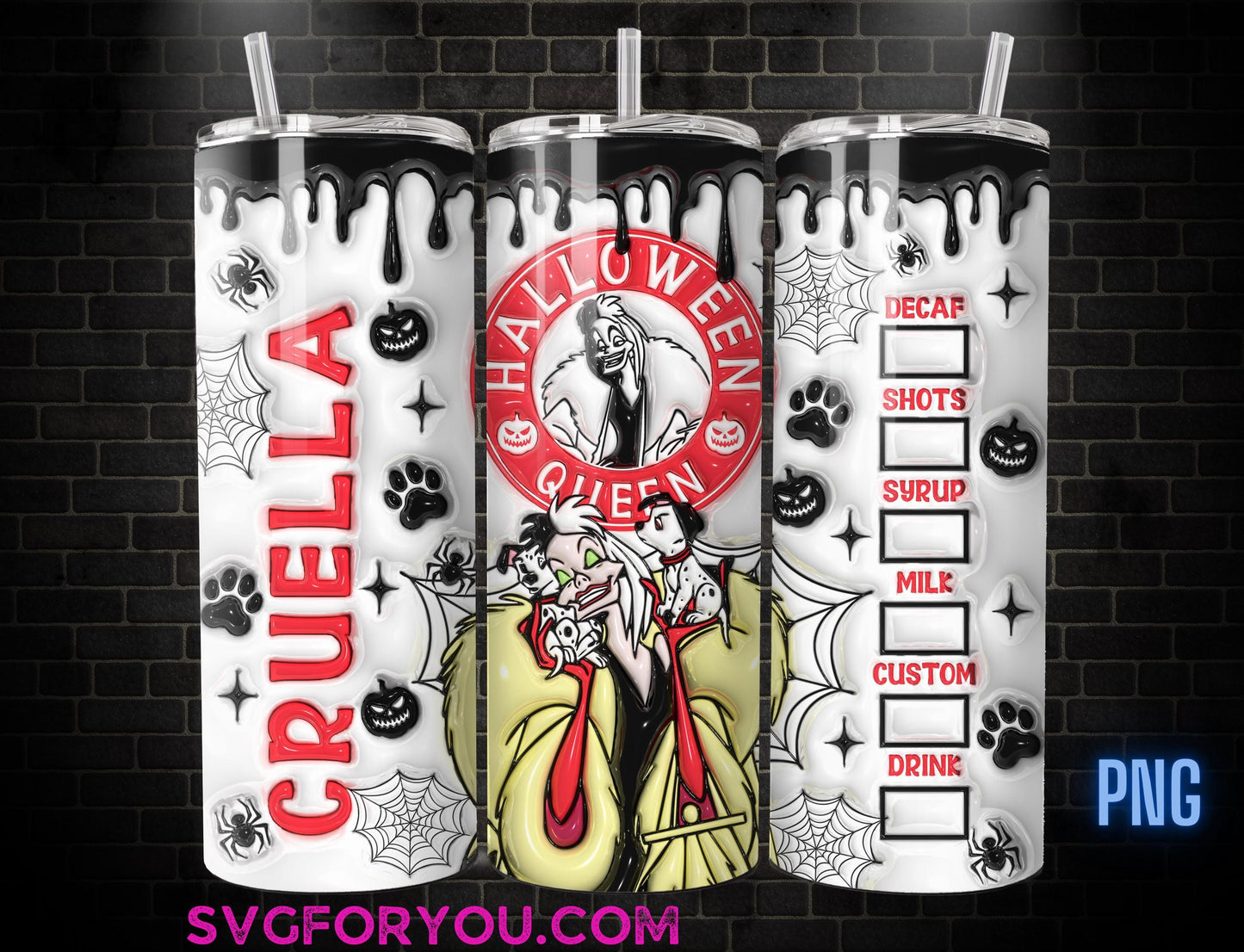 Cruella Inflated Coffee Tumbler Wrap PNG , 20oz Skinny Tumbler, 101 Dalmations Halloween Skinny Tumbler Wrap PNG