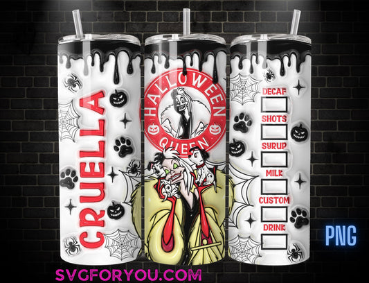 Cruella Inflated Coffee Tumbler Wrap PNG , 20oz Skinny Tumbler, 101 Dalmations Halloween Skinny Tumbler Wrap PNG