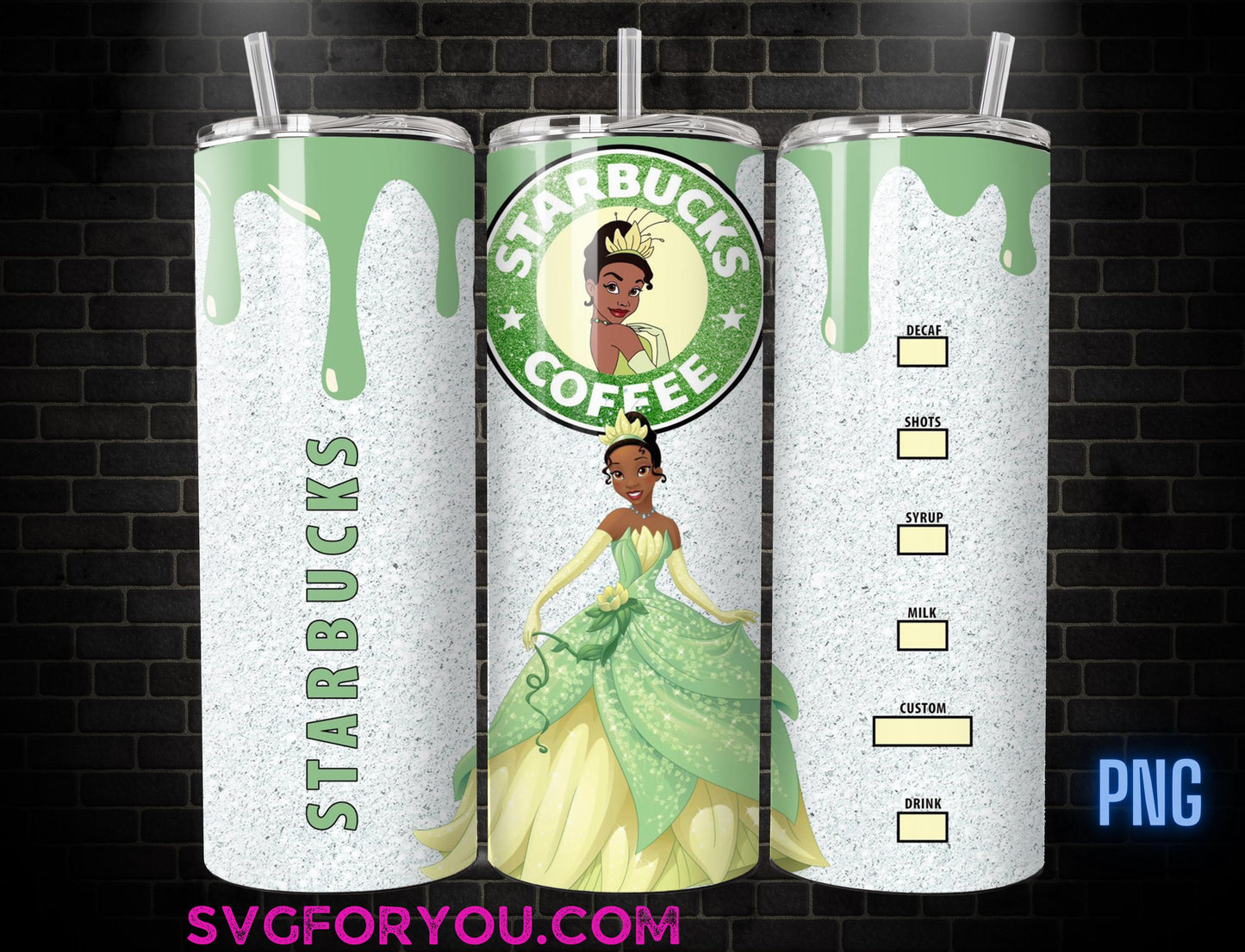 Princess Tiana Glitter 20oz Skinny Tumbler Template PNG, Princess and the Frog Coffee Skinny Tumbler Wrap Design PNG File Digital Download