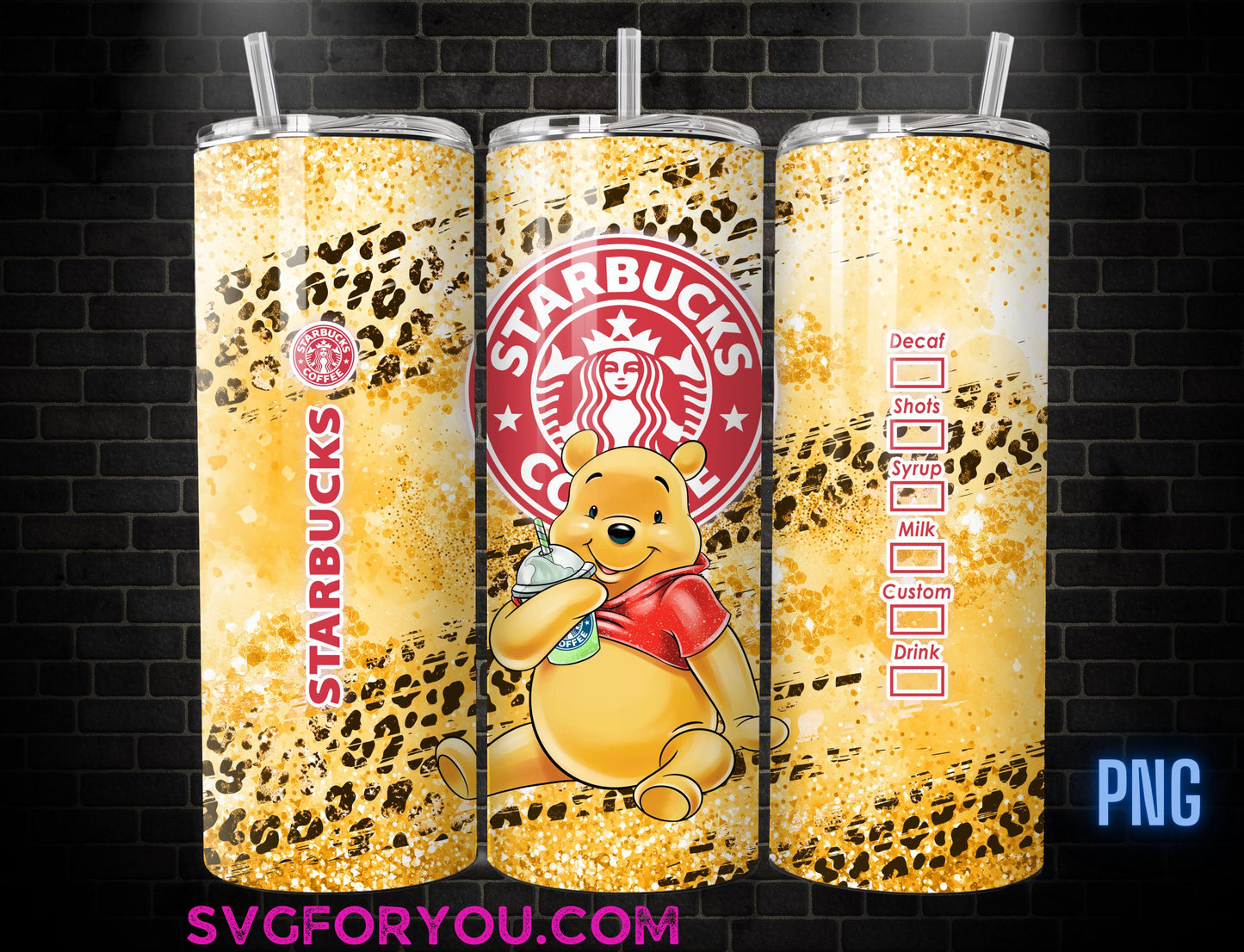 Winnie the Pooh Leopard Print 20oz Coffee Skinny Tumbler Template PNG, Pooh Skinny Tumbler Wrap Design PNG Digital Download