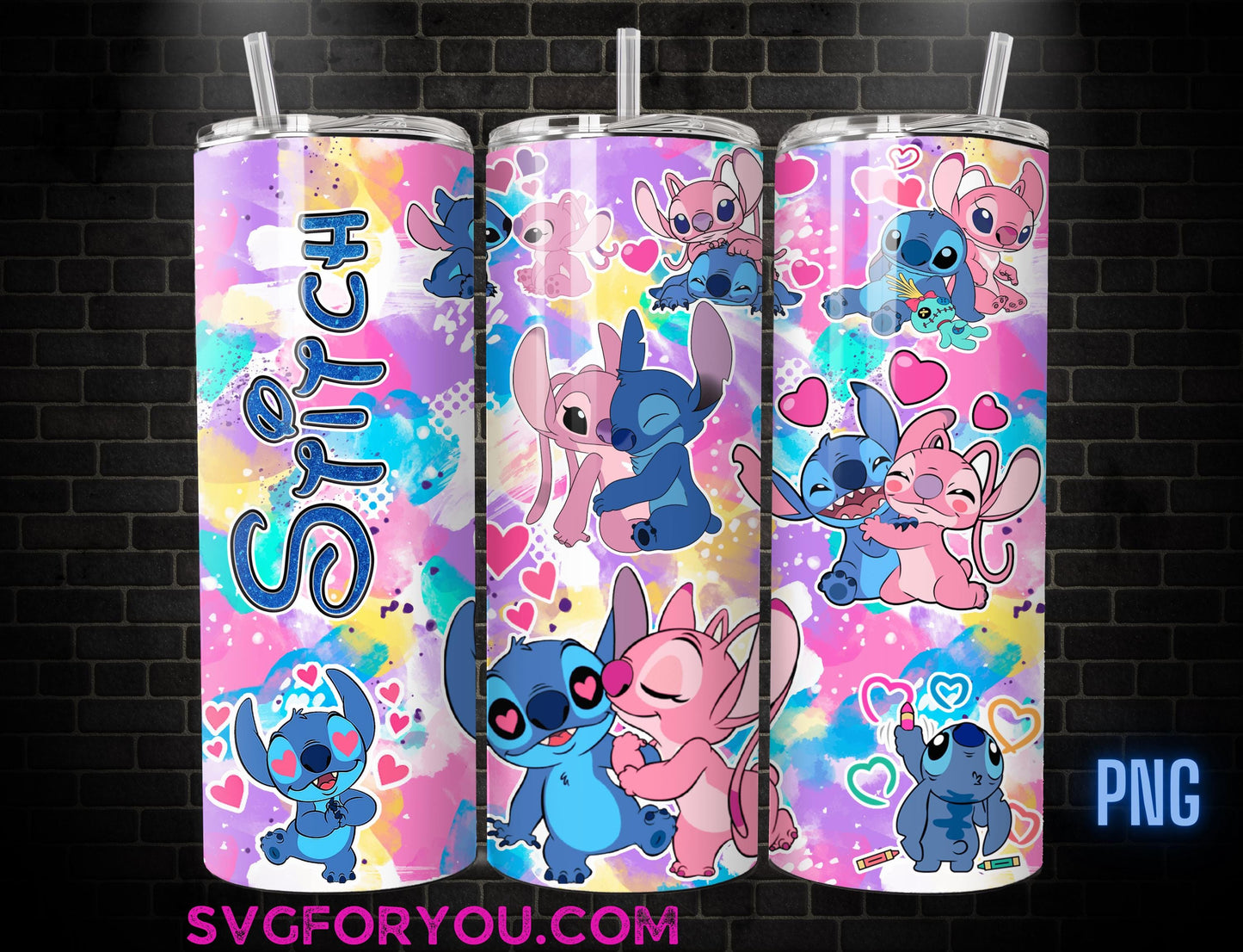 Stitch and Angel Valentine 20oz Coffee Skinny Tumbler Template PNG, Love Lilo and Stitch Skinny Tumbler Wrap Design PNG Digital Download