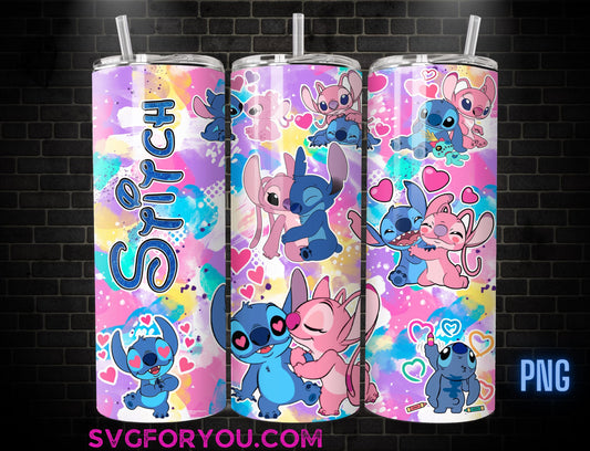 Stitch and Angel Valentine 20oz Coffee Skinny Tumbler Template PNG, Love Lilo and Stitch Skinny Tumbler Wrap Design PNG Digital Download