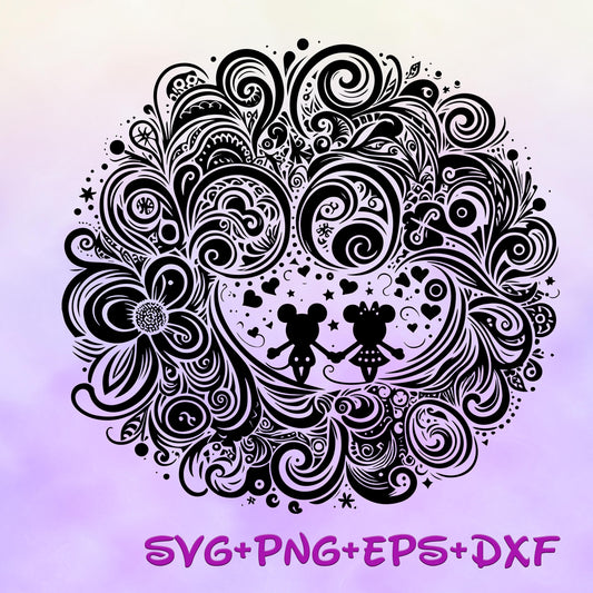 Floral Mickey and Minnie Mouse Mandala SVG, Enchanted Svg, Silhouette Cut Files, Zentangle SVG, Sublimation Design, Mickey Sketch Png