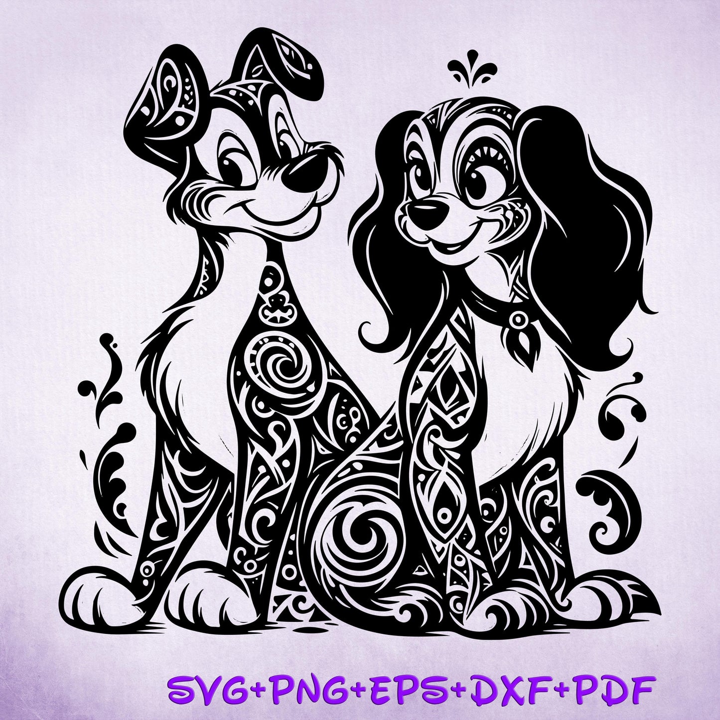 Lady and the Tramp Mandala SVG, Enchanted Svg, Silhouette Cut Files, Zentangle SVG, Sublimation Design, Sketch Png