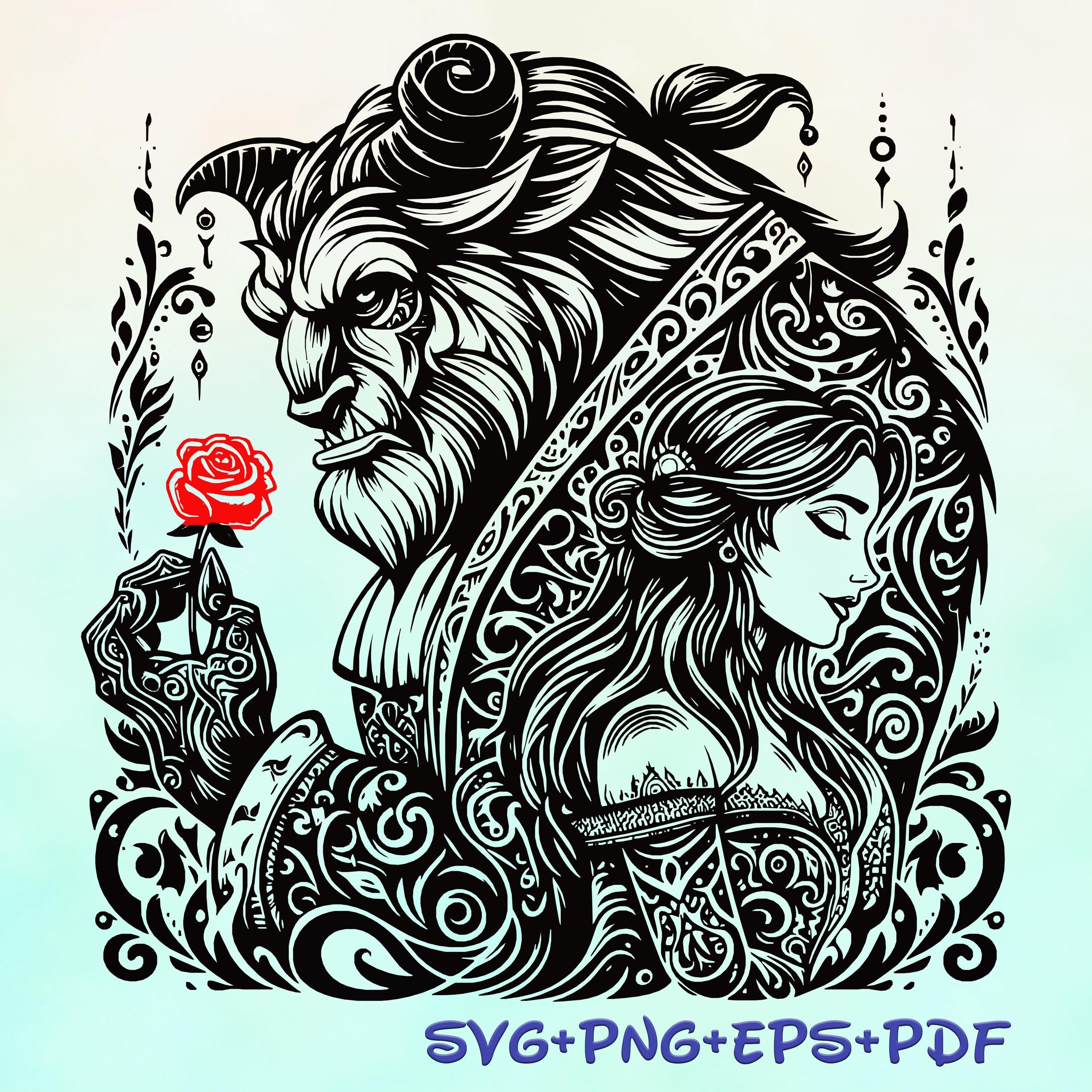 Belle Mandala Princess with Red Rose SVG, Beauty and the Beast Enchanted Princess, Silhouette Cut Files, Png, Printable, Sublimation Design
