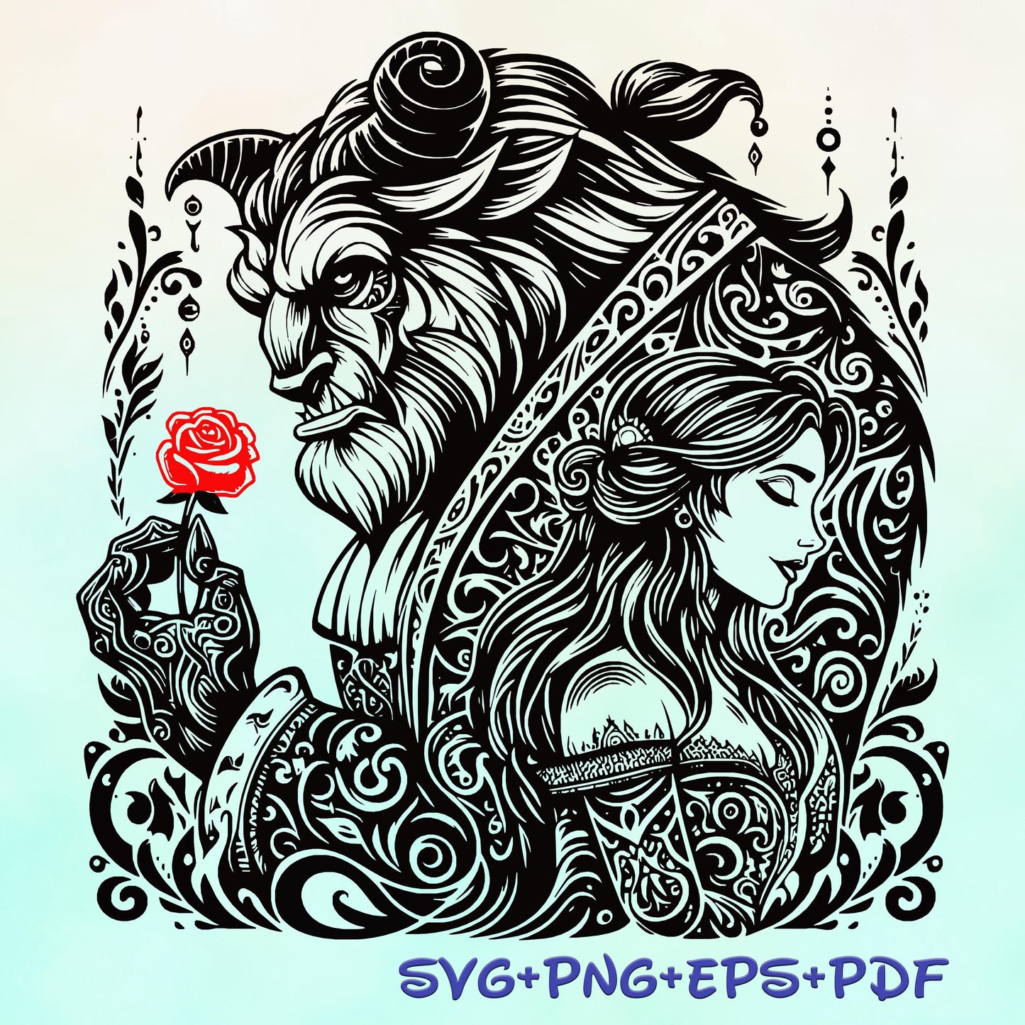 Belle Mandala Princess with Red Rose SVG, Beauty and the Beast Enchanted Princess, Silhouette Cut Files, Png, Printable, Sublimation Design